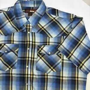 Canyon Ridge Outfitters Mens 2X Blue Plaid Short Sleeve Western Snap Shirt